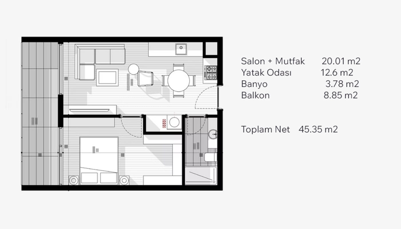 ankara incek gokdemir imza projesi 1+1 daire plani