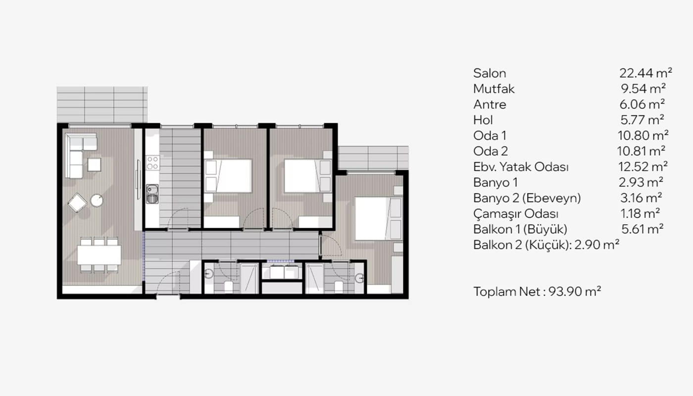 ankara incek gokdemir imza projesi 3+1 daire plani