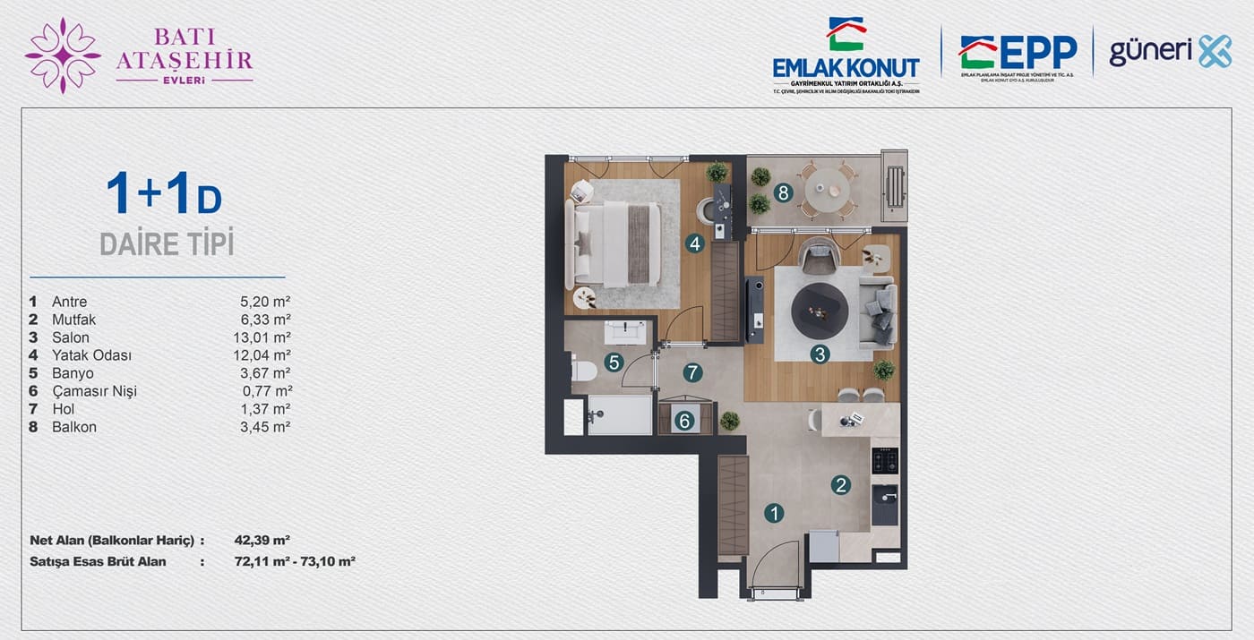 istanbul bati atasehir evleri 1+1 D daire tipi kat plani