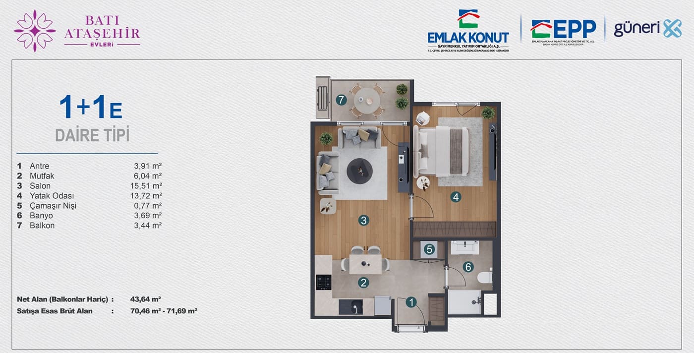 istanbul bati atasehir evleri 1+1 E daire tipi kat plani