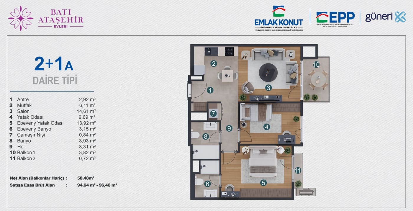 istanbul bati atasehir evleri 2+1 A daire tipi kat plani
