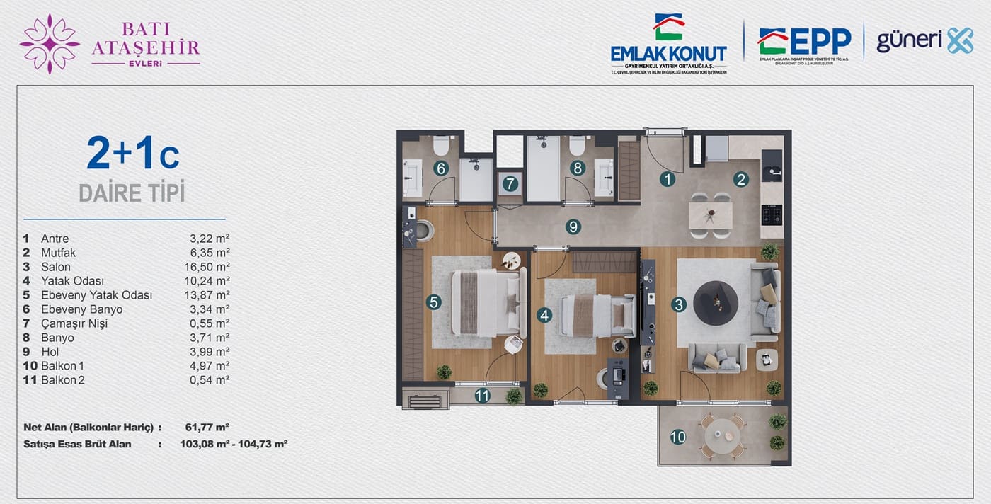 istanbul bati atasehir evleri 2+1 C daire tipi kat plani