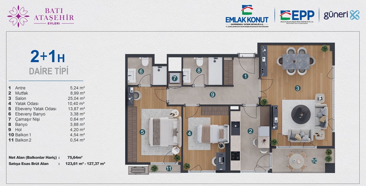 istanbul bati atasehir evleri 2+1 H daire tipi kat plani
