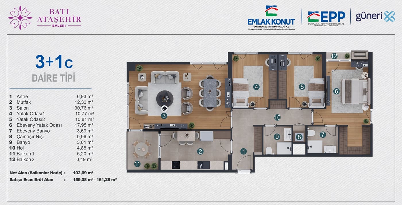istanbul bati atasehir evleri 3+1 C daire tipi kat plani