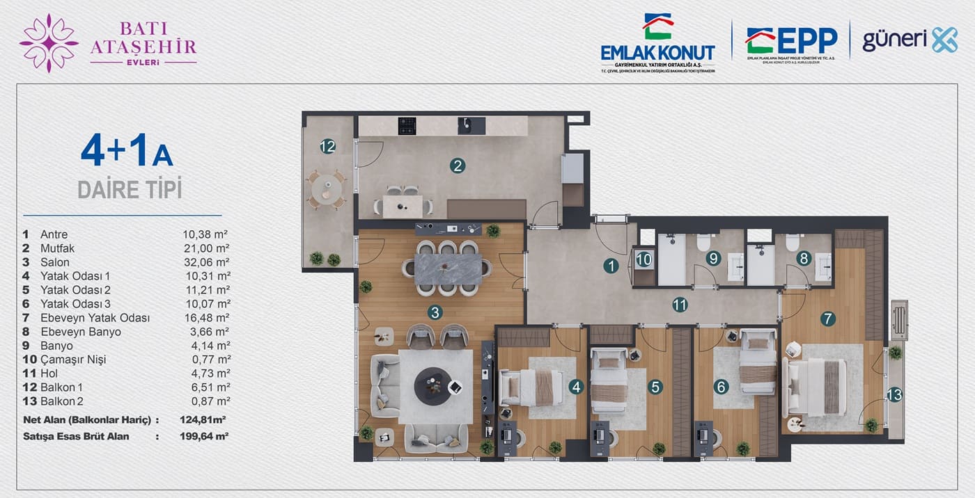 istanbul bati atasehir evleri 4+1 A daire tipi kat plani